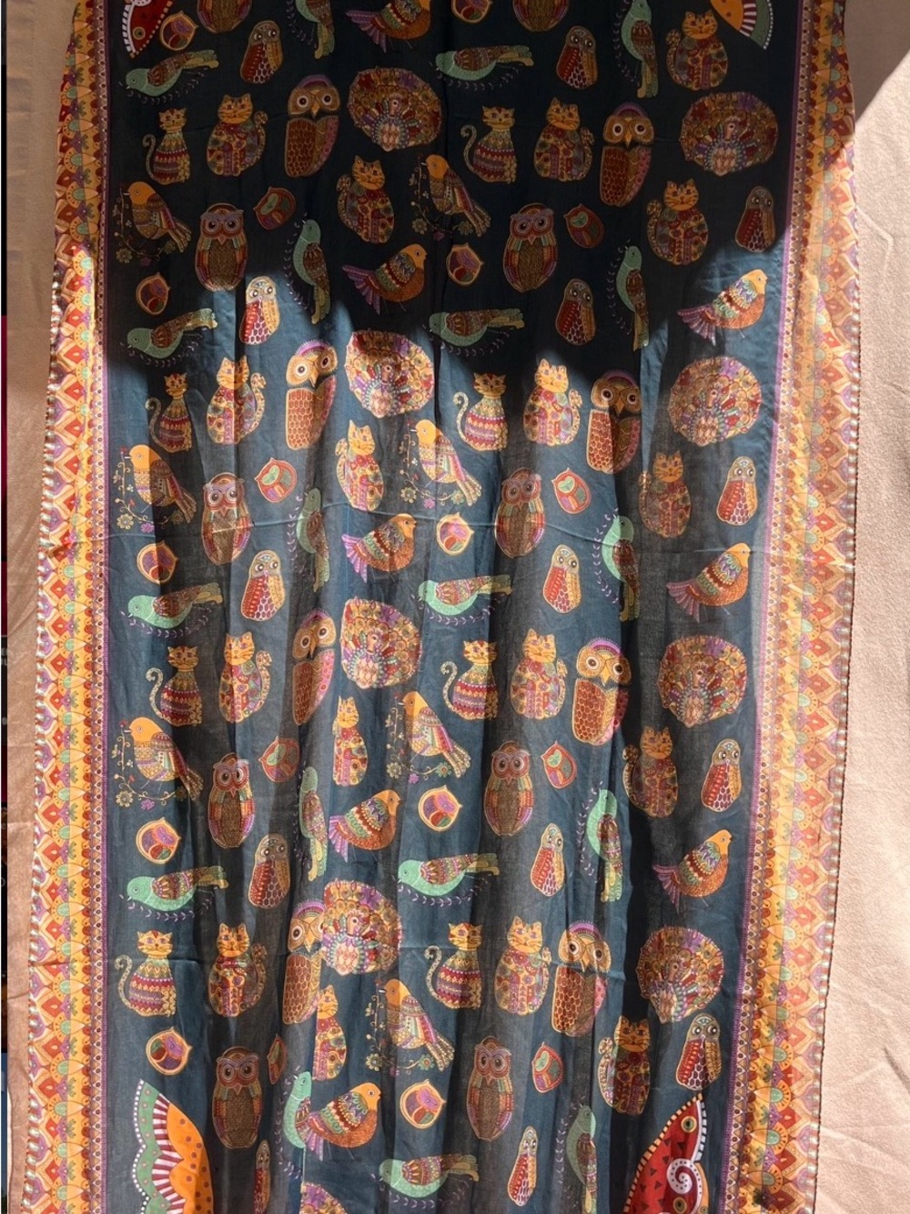 Cat, Peacock, Owl & Bird Patterned Scarf  or Tapestry - Multicolor Print